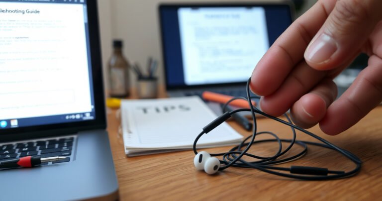 A close-up of a pair of tangled earbuds resting on a wooden table, one earbud glowing faintly with a blue light, while a hand reaches out to untangle them. In the background, a laptop displays a troubleshooting guide, surrounded by small tools and a notepad filled with tips, creating a sense of urgency and focus.