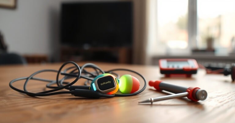 A close-up of a pair of vibrant Skullcandy earbuds resting on a wooden table, surrounded by a tangled charging cable and scattered tools like a tiny screwdriver and multimeter, with a faint glow emanating from the earbuds, highlighting their sleek design, against a blurred background of a cozy, well-lit room.
