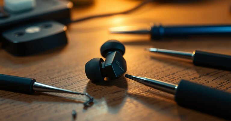 A close-up view of a pair of Skullcandy earbuds resting on a wooden table, surrounded by scattered tools like a tiny screwdriver, tweezers, and a soldering iron, with a soft glow of a warm light illuminating the scene, highlighting the intricate details of the earbuds and the tools, evoking a sense of DIY repair.