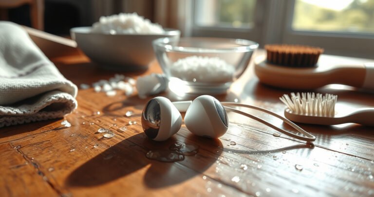 A close-up of water-damaged earbuds resting on a wooden table, droplets glistening on their surface. Surrounding them are tools like a soft cloth, a bowl of rice, and a small brush, with sunlight streaming through a nearby window, casting a warm glow on the scene, symbolizing hope and recovery.