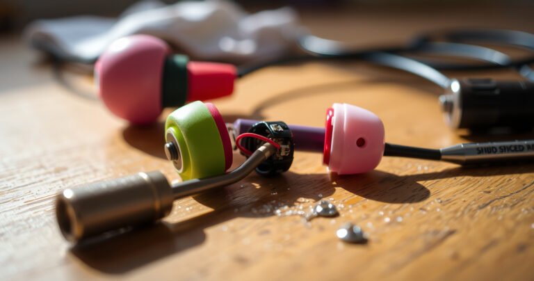 A close-up of a pair of colorful earbuds resting on a wooden table, with one earbud slightly disassembled, revealing tiny wires and components, surrounded by scattered tools like a tiny screwdriver and cleaning cloth, soft natural light illuminating the scene, evoking a sense of DIY repair and attention to detail.