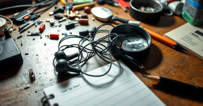 A cluttered workbench with scattered tools and small electronic components, a close-up of a pair of tangled earphones, a magnifying glass revealing intricate wires, and a light source casting gentle shadows, evoking a sense of DIY repair, with a notepad and pencil nearby, suggesting quick tips and troubleshooting steps for fixing earphones.