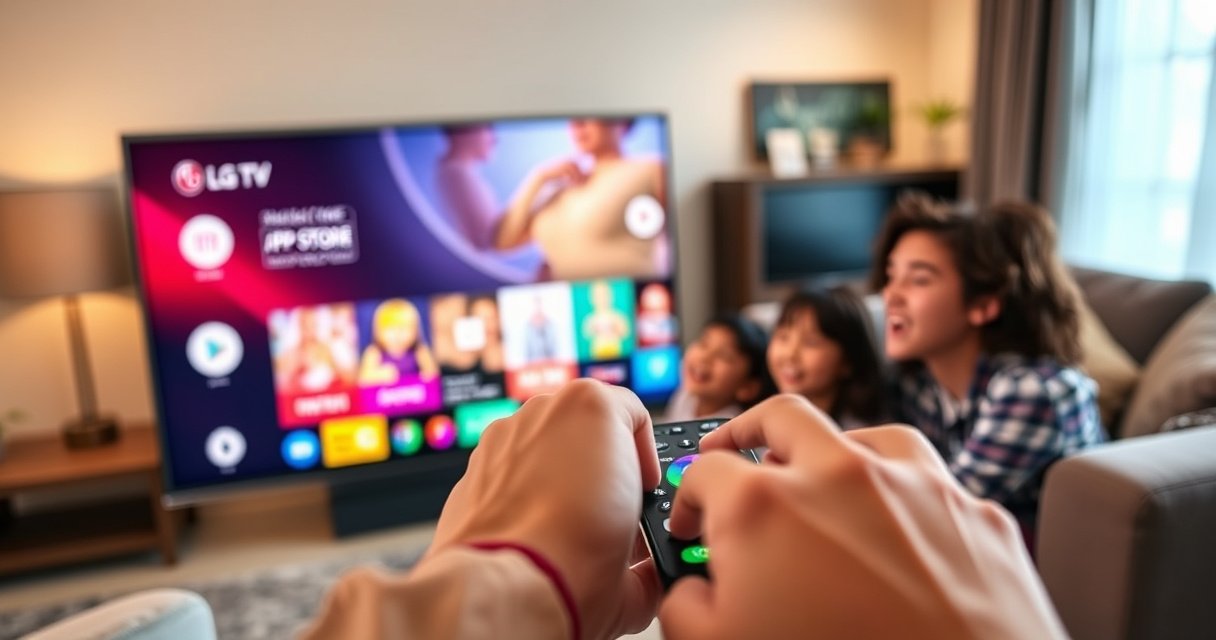 A close-up of a sleek LG Smart TV displaying a vibrant app store interface, fingers tapping on a colorful touchscreen remote. Background features a cozy living room with soft lighting, plush sofas, and modern decor. A family is gathered, eagerly watching the TV, reflecting excitement and connection through technology.