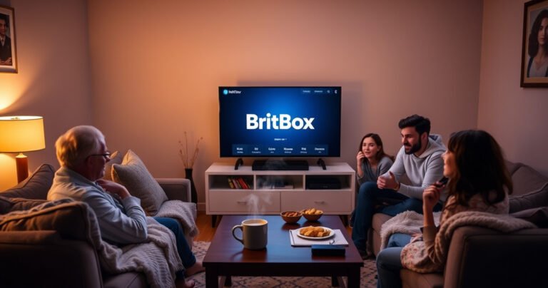 A cozy living room featuring a sleek smart TV displaying the BritBox logo, surrounded by a comfortable couch and soft blankets. Ambient lighting casts a warm glow, while a coffee table holds a steaming mug and snacks. An excited family gathers around, exploring the BritBox interface, with hints of modern technology like a streaming device and remote control nearby.