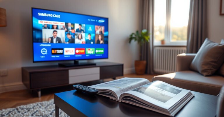 A modern living room featuring a sleek Samsung Smart TV displaying vibrant cable channels. A user-friendly remote lies on a stylish coffee table beside an open guidebook. Soft, ambient lighting casts a warm glow, while a cozy couch invites relaxation. A window reveals a sunny day outside, hinting at the comfort of home entertainment.