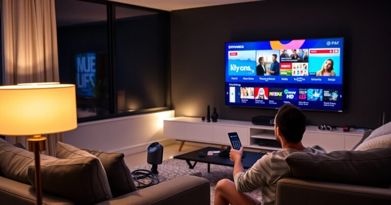 A sleek modern living room featuring a large smart TV displaying vibrant streaming apps, surrounded by cozy furniture. A person seated comfortably with a remote in hand, connecting cables and devices, while a warm glow from a stylish lamp bathes the space, hinting at a tech-savvy lifestyle. A cable management box sits discreetly nearby.