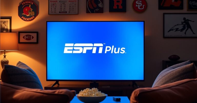 A modern Vizio Smart TV displaying the vibrant ESPN Plus logo, surrounded by a cozy living room setting. Soft sofa cushions, popcorn in a bowl, and a remote control resting on a coffee table. Warm ambient lighting creates an inviting atmosphere, with sports memorabilia subtly decorating the walls, hinting at the excitement of live sports streaming.