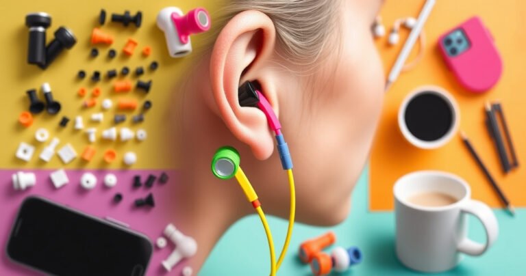 A close-up of colorful, stylish earphones nestled snugly in a person's ears, surrounded by a vibrant backdrop of various ear tips, adhesive solutions, and everyday items like a phone and a coffee cup, all radiating a sense of connectivity and comfort, highlighting the theme of practical solutions for staying-in earphones.