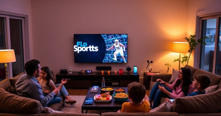A modern living room with a sleek smart TV displaying the FloSports logo, surrounded by cozy furniture and a family eagerly gathered, remote in hand, vibrant snacks on a table, warm lighting creating a welcoming atmosphere, digital devices scattered around, showcasing a high-tech, family-friendly setup for streaming sports.