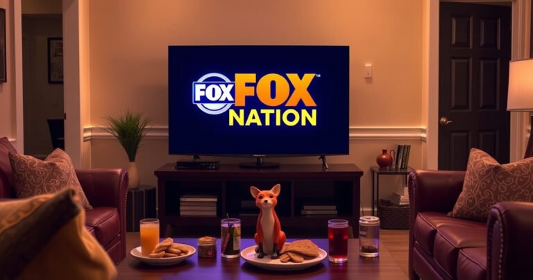 A cozy living room scene featuring a sleek Samsung Smart TV displaying the vibrant Fox Nation logo, surrounded by plush furniture, warm lighting, and a welcoming atmosphere. On the coffee table, snacks and drinks invite viewers to relax while enjoying their favorite shows, with a playful fox figurine subtly positioned nearby, symbolizing the spirit of the Fox Nation.