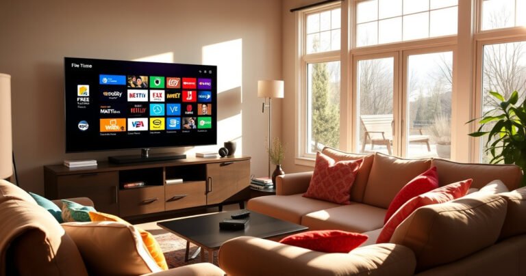 A cozy living room with a sleek smart TV displaying a vibrant array of free local channels. Sunlight streams through large windows, casting warm shadows on a comfortable couch adorned with colorful pillows. Nearby, a coffee table holds snacks and a remote, creating an inviting atmosphere for a family gathering.