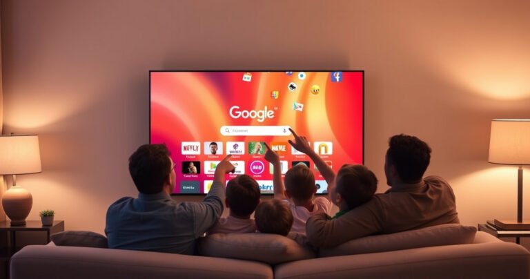 A sleek Vizio Smart TV displaying the vibrant Google homepage, surrounded by a cozy living room with soft, ambient lighting. A family sits on a plush sofa, excitedly pointing at the screen, with colorful streaming icons floating around, hinting at the world of entertainment and information at their fingertips. Warm tones create an inviting atmosphere.