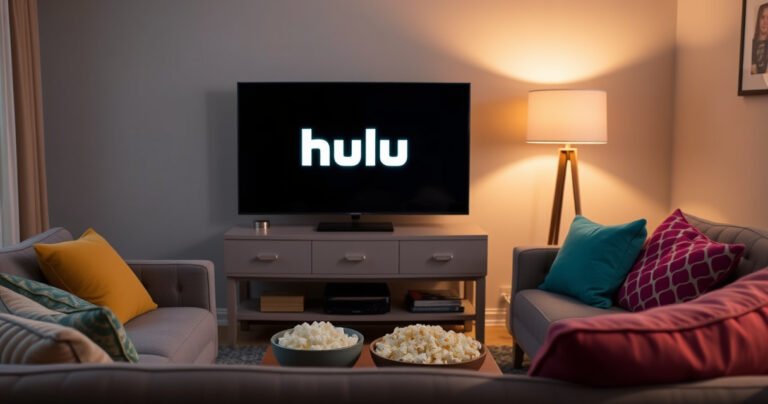 A cozy living room scene featuring a modern smart TV displaying the Hulu logo, surrounded by an inviting sofa with colorful cushions, a bowl of popcorn on a coffee table, and a warm glow from a nearby lamp, conveying a sense of relaxation and entertainment perfect for streaming.