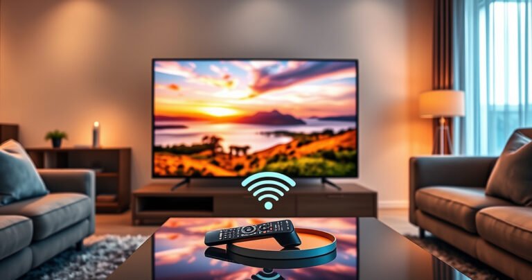 A sleek Samsung Smart TV displayed in a modern living room, vibrant streaming content showcasing a scenic landscape, a user-friendly remote control resting on a stylish coffee table, Wi-Fi signal icon glowing in the background, and a cozy atmosphere with warm lighting and plush furniture, inviting viewers to connect and enjoy seamless internet access.