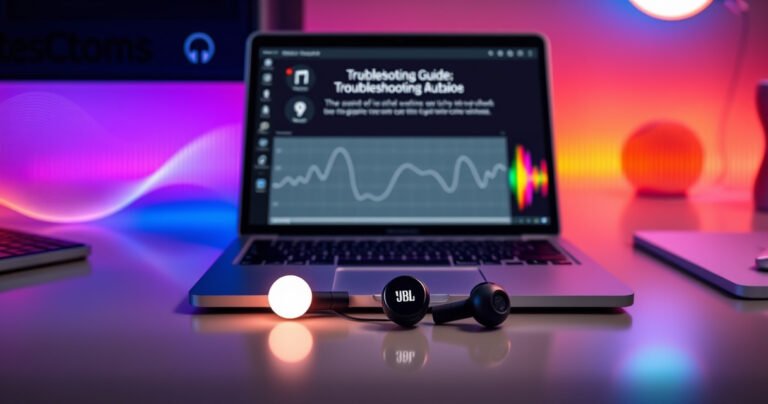 A sleek pair of JBL earbuds resting on a vibrant, modern desk, surrounded by colorful soundwaves and tech icons. One earbud glows softly, symbolizing mono mode, while the other radiates dynamic colors, representing stereo sound. An open laptop displays a troubleshooting guide, creating an energetic and informative atmosphere.