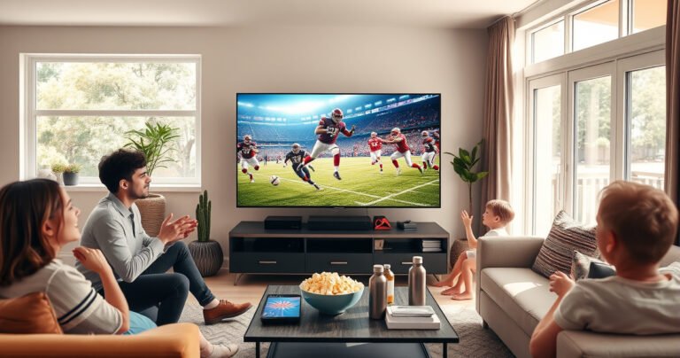 A modern Samsung Smart TV in a cozy living room, displaying vibrant live sports action. A family gathers around, joyfully cheering, with popcorn bowls and drinks on a stylish coffee table. Soft sunlight filters through large windows, illuminating the room filled with colorful decor and a warm atmosphere, creating an inviting scene of entertainment and connection.