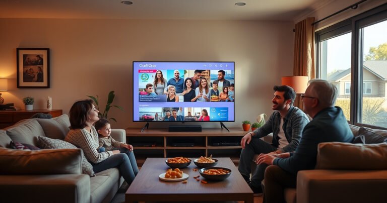 A cozy living room featuring a modern Smart TV displaying vibrant local channels, surrounded by plush furniture and warm lighting. A family gathers together, smiling and enjoying a lively show, with snacks on a coffee table. In the background, a window reveals a sunny neighborhood, emphasizing the connection to local entertainment and community.