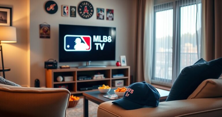 A modern living room featuring a sleek smart TV displaying the MLB TV logo, surrounded by baseball memorabilia, a cozy couch with snacks on a coffee table, and a sunny window with curtains flowing gently. A baseball cap rests on the armrest, conveying a sense of excitement and anticipation for game day.