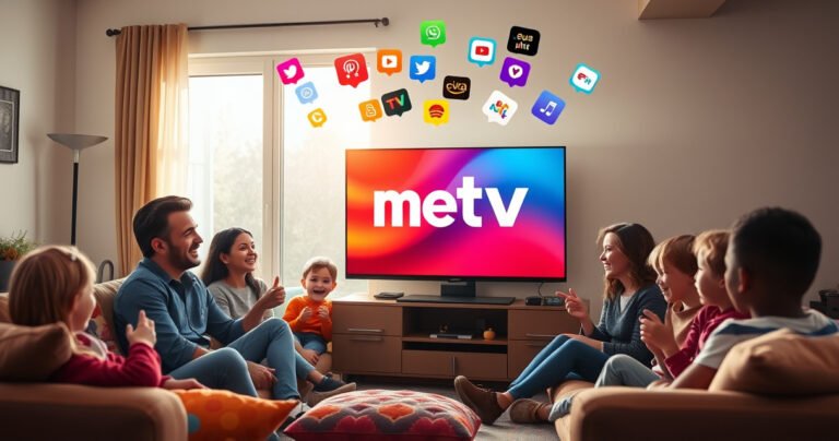 A cozy living room with a sleek smart TV displaying the MeTV logo. A family of diverse ages joyfully gathers around, snacks in hand, as vibrant streaming icons float above the screen. Sunlight filters through the window, illuminating the room filled with colorful cushions and a welcoming atmosphere, showcasing technology and togetherness.