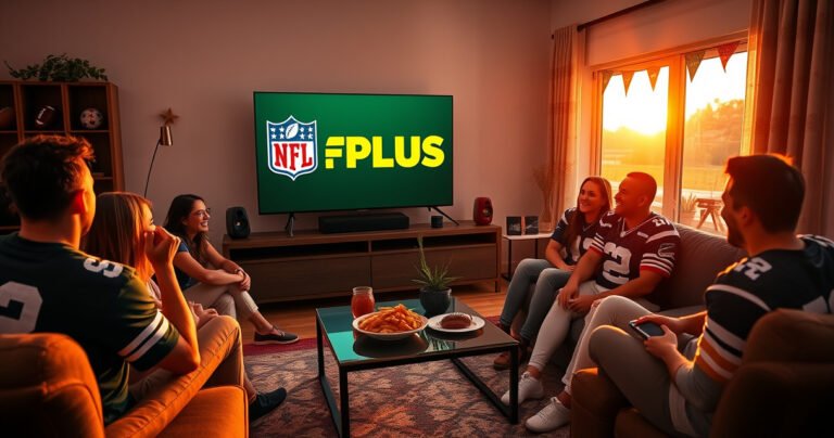 A cozy living room with a modern smart TV displaying the NFL Plus logo, surrounded by excited friends in team jerseys, snacks on a coffee table, bright football-themed decorations, and a large window revealing a sunset outside, creating a warm, inviting atmosphere perfect for game day.