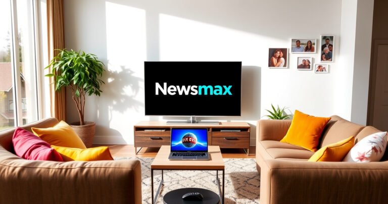 A modern living room featuring a sleek smart TV displaying the Newsmax logo, cozy couches with bright cushions, a coffee table with a laptop and remote control, sunlight streaming through large windows, a wall adorned with family photos, and a potted plant adding a touch of greenery, creating an inviting atmosphere for tech-savvy viewers.