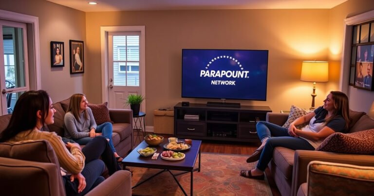 A cozy living room with a sleek smart TV displaying the Paramount Network logo, surrounded by plush couches and a warm, inviting atmosphere. Soft lighting enhances the scene, with snacks on a coffee table, and a family gathered, happily watching their favorite show. A colorful rug adds a touch of charm to the space.
