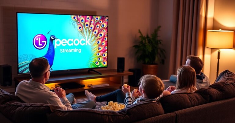 A cozy living room with a sleek LG Smart TV displaying the Peacock streaming logo, surrounded by a colorful array of peacock feathers. A family eagerly gathers on a plush sofa, with popcorn in hand, illuminated by soft, warm lighting, creating an inviting atmosphere for an enjoyable movie night.