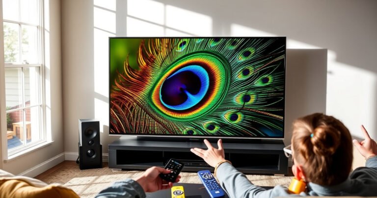 A sleek Samsung Smart TV displaying a vibrant peacock feather on its screen, surrounded by colorful remote controls and a cozy living room setup. Sunlight filters through a window, casting playful shadows. A person joyfully interacts with the TV, showcasing a blend of technology and nature, inviting viewers to explore streaming possibilities.