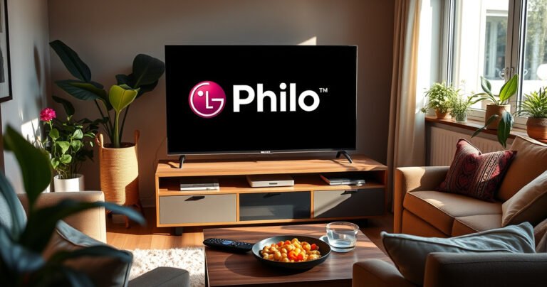 A modern living room featuring a sleek LG Smart TV displaying the Philo logo, surrounded by cozy furniture, vibrant plants, and a warm, inviting atmosphere. Sunlight streams through a window, casting soft shadows, while a remote control rests on a coffee table alongside snacks, creating a perfect setting for streaming entertainment.