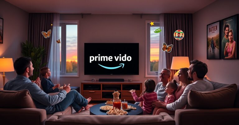A cozy living room scene with a sleek smart TV displaying the Prime Video logo, surrounded by plush couches and warm ambient lighting. A family gathers excitedly, popcorn in hand, while colorful streaming icons float around, symbolizing various shows and movies. A window reveals a sunset outside, adding a warm glow to the inviting atmosphere.