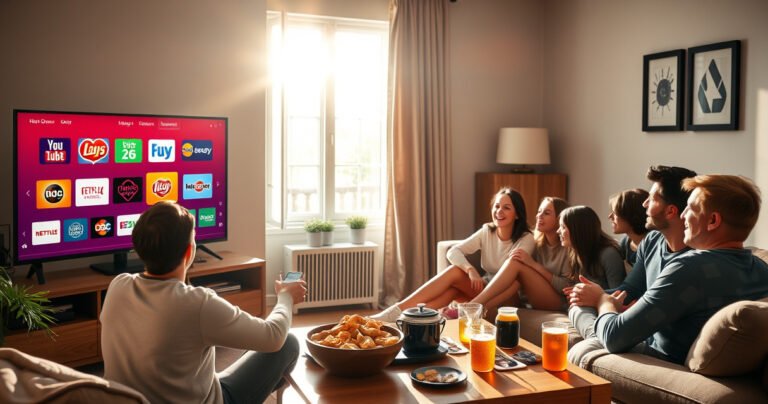 A cozy living room with a sleek smart TV displaying vibrant TV channel logos, a user navigating through a colorful app interface, surrounded by snacks and drinks on a coffee table. Sunlight streams through a window, illuminating family members excitedly gathered around the TV, ready for a movie night, with a warm and inviting atmosphere.