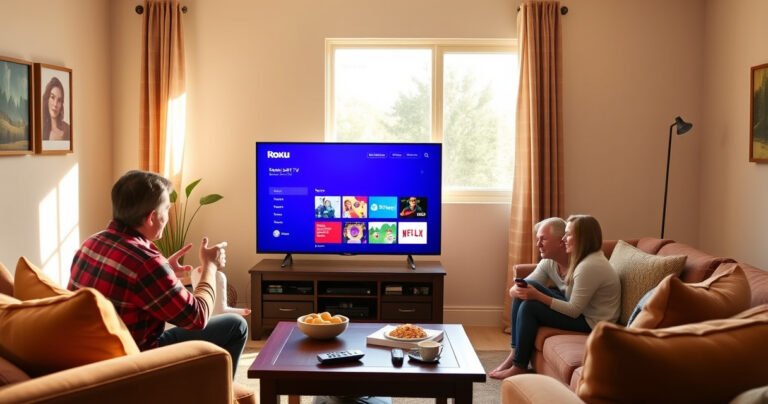 A vibrant living room scene featuring a sleek Samsung Smart TV displaying the Roku interface, surrounded by cozy furniture, a coffee table with snacks, and a remote control in hand. Sunlight streams through a window, illuminating a family gathered excitedly, ready to start streaming their favorite shows together.