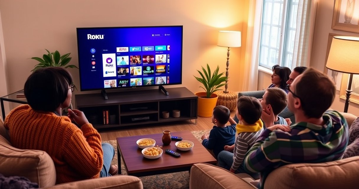 A cozy living room scene with a sleek smart TV displaying the Roku interface, surrounded by a comfortable sofa, a coffee table with snacks, and a friendly family eagerly watching together. Soft warm lighting enhances a welcoming atmosphere, emphasizing the ease of streaming entertainment, with colorful Roku icons glowing on the screen.