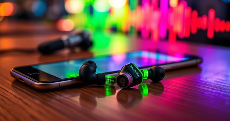 A vibrant, close-up view of Skullcandy earbuds resting on a sleek wooden table, surrounded by a glowing smartphone and colorful soundwave graphics. The earbuds shine in various shades of green and black, with a backdrop of soft bokeh lights, creating a lively, tech-savvy atmosphere that invites readers to explore the world of wireless audio.