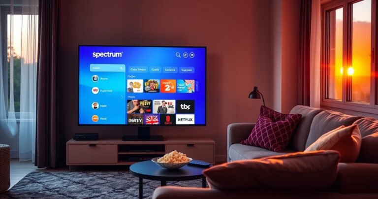 A cozy living room scene featuring a sleek smart TV displaying the Spectrum app interface, with inviting warm lighting, a plush sofa adorned with colorful cushions, a small coffee table with popcorn and a remote control, and a window revealing a sunset glow, creating an atmosphere of relaxed entertainment and modern technology.