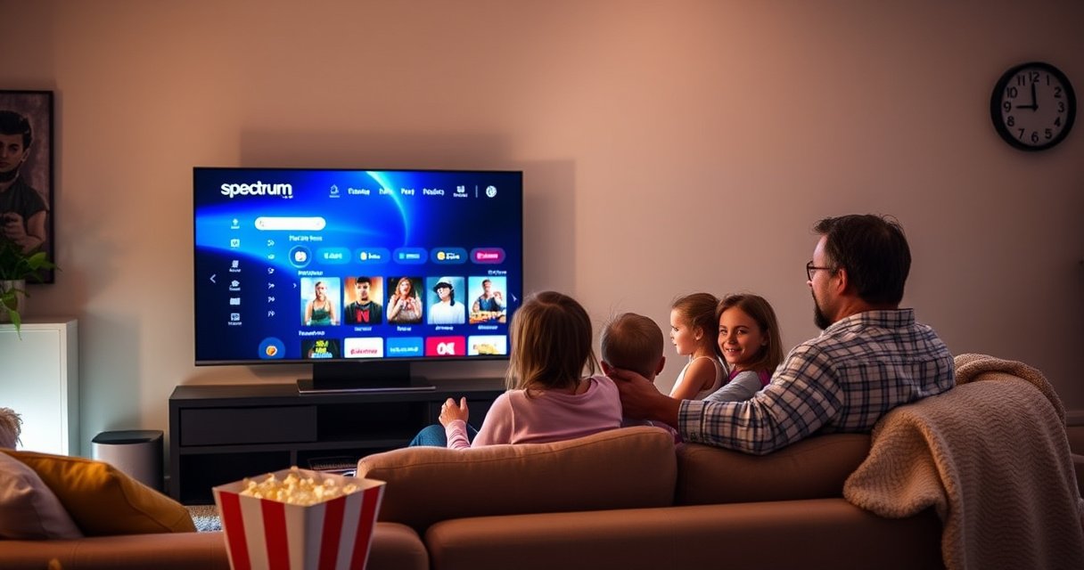 A cozy living room bathed in soft, warm light, featuring a sleek smart TV displaying the Spectrum On Demand interface. A family of three, casually dressed, sits on a plush sofa, eagerly selecting a movie. Colorful popcorn bowls and soft blankets add a welcoming touch, while a digital clock on the wall indicates a relaxing evening.
