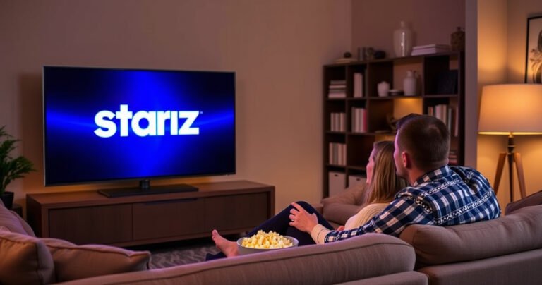A cozy living room with a sleek Smart TV displaying the vibrant Starz logo, a couple sitting on a plush couch, popcorn bowl between them, warm ambient lighting, and a decorative bookshelf in the background. The scene exudes excitement and anticipation for movie night, capturing the essence of seamless entertainment setup.
