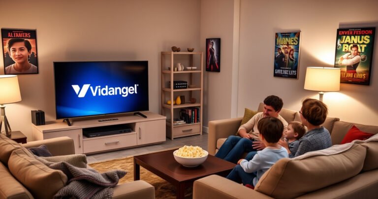 A cozy living room with a sleek Samsung Smart TV displaying the VidAngel logo, surrounded by plush couches, soft blankets, and a warm glow from a nearby lamp. A family enjoys movie night, laughter in the air, popcorn bowls on the coffee table, and colorful movie posters on the walls, capturing the essence of entertainment at home.