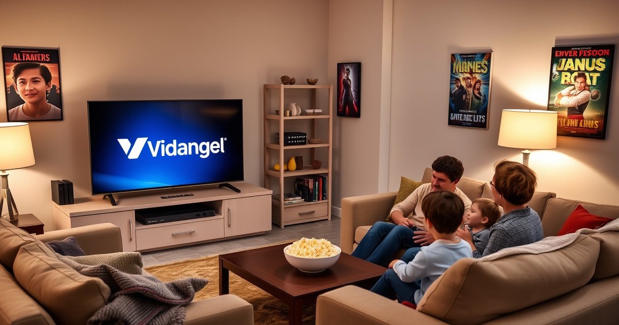 A cozy living room with a sleek Samsung Smart TV displaying the VidAngel logo, surrounded by plush couches, soft blankets, and a warm glow from a nearby lamp. A family enjoys movie night, laughter in the air, popcorn bowls on the coffee table, and colorful movie posters on the walls, capturing the essence of entertainment at home.