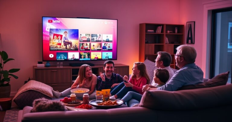 A cozy living room scene with a large smart TV displaying the YouTube TV interface, bright colors illuminating the space. A family of four, excited and engaged, sits on a plush sofa surrounded by snacks, with a remote in hand. The ambiance is warm, with soft lighting and modern decor, symbolizing togetherness and entertainment.