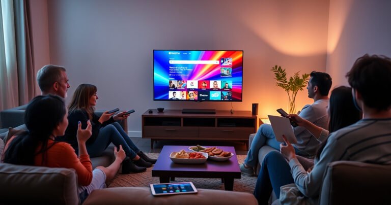 A cozy living room featuring a sleek smart TV displaying a vibrant internet homepage, surrounded by a family eagerly interacting with remote controls, soft ambient lighting, a plush sofa, and a coffee table adorned with snacks. A digital tablet rests nearby, hinting at a modern tech-savvy environment.