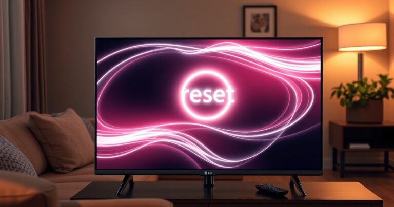 An LG Smart TV with a glowing reset button prominently displayed on the screen, surrounded by swirling digital elements representing settings and options, set against a cozy living room backdrop with soft lighting, a comfortable couch, and a remote control resting on a side table, conveying a sense of simplicity and user-friendliness in technology.