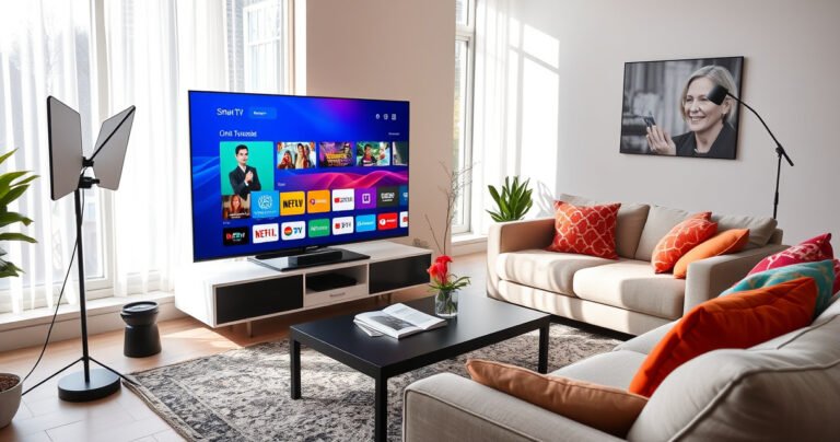 A sleek modern living room with a stylish Smart TV displaying vibrant channels, an elegant antenna gracefully positioned nearby, coaxial cables artfully arranged, soft sunlight streaming through large windows, a cozy sofa adorned with colorful cushions, a small coffee table holding an open tech manual, and a warm, inviting atmosphere that inspires the excitement of setup.