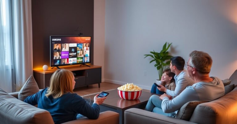 A cozy living room scene with a sleek Samsung Smart TV displaying vibrant channels, a modern antenna perched on a stylish shelf, warm ambient lighting illuminating plush furniture, and an excited family gathered around, ready to explore their favorite shows together, surrounded by tech gadgets, popcorn bowl, and a sense of anticipation in the air.