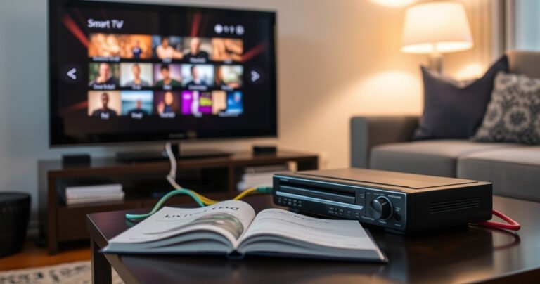 A cozy living room scene featuring a sleek smart TV displaying vibrant visuals, a classic DVD player connected with colorful cables, and a couple of DVDs scattered nearby. Soft lighting casts a warm glow, while a user-friendly guidebook rests on the coffee table, inviting viewers to explore the seamless connection between old and new technology.