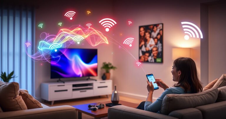 A sleek Samsung Smart TV glowing in a modern living room, surrounded by cozy furniture. Colorful digital waves representing Wi-Fi signals dance in the air, connecting with the TV. A person joyfully interacting with a smartphone, while a vibrant, tech-savvy ambiance highlights gadgets and cables, reflecting a blend of comfort and innovation.