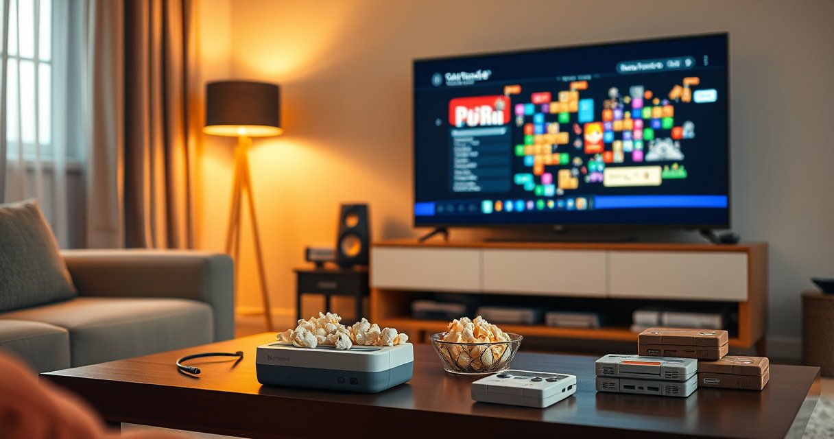 A cozy living room scene featuring a retro Mini Nintendo console connected to a sleek modern smart TV, vibrant pixels glowing from the screen, nostalgic game cartridges stacked nearby, a bowl of popcorn on a coffee table, and a warm glow from a floor lamp, evoking a sense of fun and nostalgia.