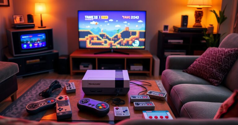 A nostalgic living room featuring a classic Nintendo console connected to a modern smart TV, vibrant pixelated game graphics glowing on the screen, a cozy couch with retro gaming controllers scattered around, warm ambient lighting, and a coffee table adorned with vintage game cartridges, evoking a sense of playful nostalgia and innovation.