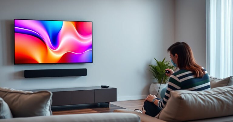 A sleek modern living room with a Samsung Smart TV mounted on the wall, displaying vibrant colors. A stylish soundbar sits elegantly beneath the TV, with soft ambient lighting illuminating the space. Cozy furniture arranged for relaxation, and a person connecting cables with focused determination, showcasing a harmonious blend of technology and comfort.