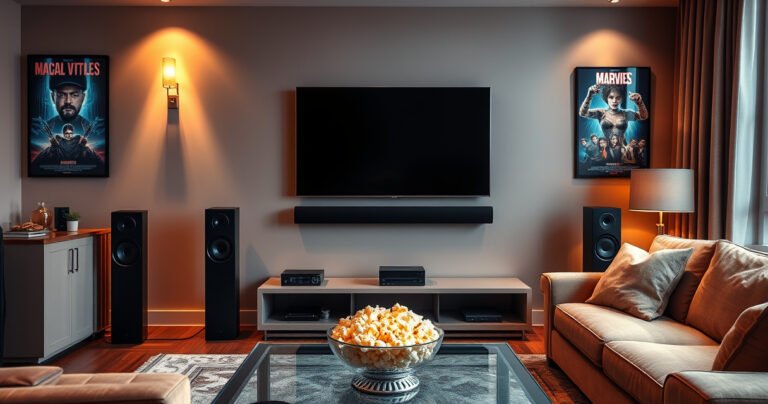 A cozy living room scene featuring a sleek modern smart TV mounted on a wall, surrounded by elegant speakers and a stylish soundbar. Warm ambient lighting casts a soft glow, and a plush sofa invites viewers in. Colorful movie posters adorn the walls, and a bowl of popcorn sits on a glass coffee table, creating a welcoming atmosphere.